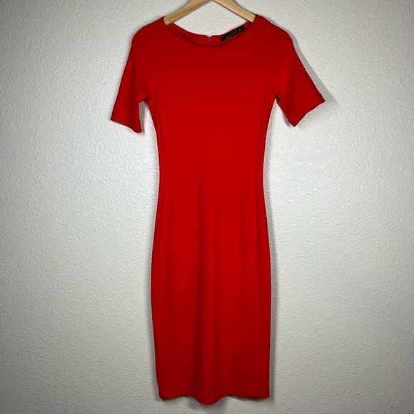 Zara Midi Dress Bodycon Red Stretch Women’s Size Small - Picture 1 of 9